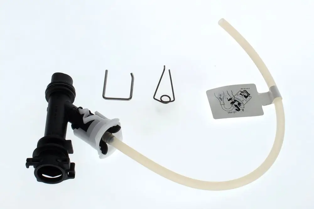 Adapter von Bosch mit einem Schlauch und zwei Befestigungsclips, zur Verwendung in Verbindung mit Rohrleitungen oder ähnlichen Systemen.